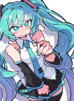 1girl absurdres aqua_eyes aqua_hair aqua_nails aqua_necktie aqua_trim bare_shoulders black_outline black_skirt black_sleeves blush breast_pocket breasts collared_shirt commentary cowboy_shot detached_sleeves drop_shadow dutch_angle elenagr english_commentary frilled_shirt frills hair_between_eyes hair_ornament hand_up hatsune_miku highres long_hair long_sleeves looking_at_viewer medium_breasts miniskirt nail_polish necktie number_tattoo open_mouth outline pleated_skirt pocket polka_dot_shadow puff_of_air shirt shoulder_tattoo sidelocks simple_background skirt skirt_tug sleeveless sleeveless_shirt solo sweatdrop tattoo thighhighs tie_clip twintails untucked_shirt very_long_hair vocaloid white_background white_shirt wide_sleeves zettai_ryouiki