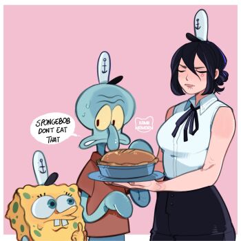 1girl 2boys anchor_print anger_vein bare_arms bare_shoulders black_hair black_ribbon border breasts brown_shirt buck_teeth chainsaw_man closed_eyes commentary english_commentary explosive food hair_between_eyes hat highres holding holding_plate kamii_momoru medium_breasts multiple_boys neck_ribbon outside_border pie pink_background plate reze_(chainsaw_man) ribbon shirt short_hair simple_background sleeveless sleeveless_shirt speech_bubble spongebob_squarepants spongebob_squarepants_(series) squidward_tentacles sweat teeth upper_body white_border white_shirt