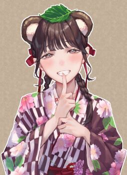 1girl :d animal_ears animification braid brown_background brown_eyes brown_hair cherry_blossom_print commentary_request finger_to_mouth floral_print floral_print_kimono grin hair_ribbon highres japanese_clothes kimono leaf leaf_on_head long_hair looking_at_viewer low_twin_braids miyake_miu open_mouth outline print_kimono raccoon_ears real_life red_ribbon ribbon saidamoosu shushing smile solo twin_braids upper_body voice_actor white_outline
