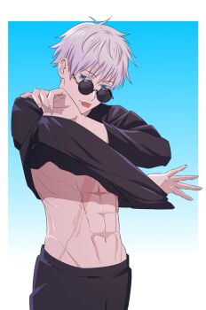 1boy ;p abdominal_line abdominal_scar abs black_pants black_shirt blue_eyes eyelashes fingernails gojou_satoru hair_between_eyes highres jujutsu_kaisen long_sleeves one_eye_closed pants scar scar_on_chest scar_on_stomach shirt short_hair three-quarter_sleeves solo sunglasses tongue tongue_out undressing white_hair x1t14x