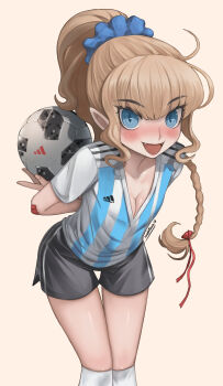 1girl 2018_fifa_world_cup absurdres ahoge argentina argentinian_flag argentinian_flag_print ball bandages blonde_hair blue_eyes blush braid breasts cleavage collarbone elf eudetenis fangs female_focus fingernails flag_print full_body hair_ornament hair_ribbon hair_scrunchie highres holding holding_ball kneehighs legs_together long_hair long_pointy_ears looking_at_viewer open_mouth original pants pointy_ears ponytail ribbon scrunchie shirt shorts simple_background smile soccer soccer_ball soccer_uniform socks solo sportswear standing striped_clothes striped_shirt thigh_gap thighs vertical-striped_clothes vertical-striped_shirt world_cup
