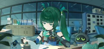 1girl android arm_strap bangboo_(zenless_zone_zero) black_gloves blurry blurry_foreground book box braid braided_sidelocks cardboard_box chair coffee_maker commentary_request cup desk fingerless_gloves folder gloves green_eyes green_hair half-closed_eyes highres holding holding_cup indoors long_hair looking_down office office_chair officer_cui_(zenless_zone_zero) on_chair open_mouth paper_stack pile_of_books plant police police_badge police_uniform policewoman qingyi_(zenless_zone_zero) reading shelf side_braids sitting solo_focus steam swivel_chair tea teapot twintails upper_body usamochi. zenless_zone_zero