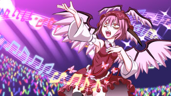 1girl absurdres adapted_costume animal_ears arm_up armpits audience ayana_mizuki bags_under_eyes bird_ears breasts commentary_request cowboy_shot detached_sleeves dress feathered_wings glowstick hat highres idol music musical_note musical_staff mystia_lorelei open_mouth penlight_(glowstick) pink_hair purple_background purple_dress purple_hat purple_wings red_eyes short_hair signing sleeveless sleeveless_dress small_breasts solo touhou white_sleeves winged_hat wings