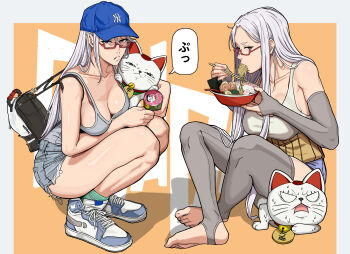 1girl absurdres ayase_seiko backpack bag blue_hat breasts cat chopsticks commentary dandadan denim denim_shorts feet food glasses hat highres long_hair mature_female mikey_pie noodles semi-rimless_eyewear serpo_(dandadan) shorts speech_bubble sweat toes turbo_granny_(dandadan) white_hair