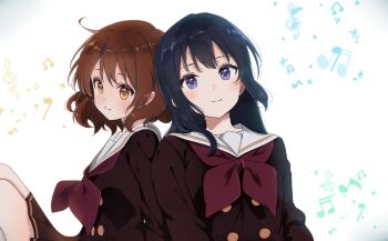 Rule 34 | 2girls, angelica n19, back-to-back, black hair, brown eyes, brown hair, brown serafuku, brown shirt, brown skirt, buttons, commentary request, double-breasted, hibike! euphonium, highres, kitauji high school uniform, kousaka reina, long hair, looking at viewer, looking to the side, multiple girls, musical note, neckerchief, oumae kumiko, purple eyes, red neckerchief, sailor collar, school uniform, serafuku, shirt, short hair, skirt, white sailor collar, winter uniform