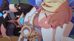 1boy 3girls aether_(genshin_impact) animated apologizing artist_name audible_music audible_speech bed blonde_hair blue_eyes blush braid brown_hair dani_chambers_(voice_actor) emphasis_lines english_audio english_text falling flying genshin_impact head_on_another's_leg highres hu_tao_(genshin_impact) hug indoors japanese_audio knees long_hair midriff multiple_girls music nilou_(genshin_impact) paimon_(genshin_impact) red_eyes red_hair running short_hair single_braid sleeping sound stormz67 subtitled thighs very_long_hair video white_hair