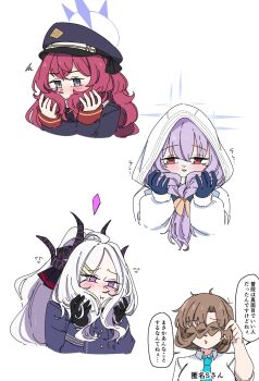 Rule 34 | 4girls, atsuko (blue archive), blue archive, blue necktie, blush, bunching hair, covering own mouth, embarrassed, female sensei (blue archive), female sensei (blue archive) (mikazukimo 478), hair focus, halo, hand in own hair, highres, hina (blue archive), holding, holding own hair, iroha (blue archive), kazusa (blue archive), long hair, mikazukimo 478, multiple girls, necktie, pout, sensei (blue archive), speech bubble, translation request, white hood