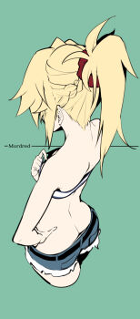1girl ass bare_back blonde_hair braid breasts butt_crack character_name cropped_legs facing_away fate/grand_order fate_(series) female_focus from_above half_up_braid hand_on_own_hip highres looking_down mordred_(fate) mordred_(fate/apocrypha) mordred_(memories_at_trifas)_(fate) ponytail red_scrunchie scrunchie shoulder_blades small_breasts solo takatun223 top_pull