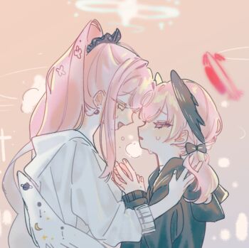 2girls angel_wings black_hoodie black_wings blue_archive halo head_wings hood hoodie koharu_(blue_archive) korean_commentary long_hair long_sleeves mika_(blue_archive) multiple_girls nagakiras2 open_mouth pink_eyes pink_hair red_halo twintails white_hoodie white_wings wings yellow_eyes yuri