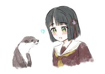 1girl absurdres black_hair blunt_bangs blunt_ends bob_cut commentary_request dress flower flower_knot green_eyes hair_flower hair_ornament hasu_no_sora_school_uniform heart highres link!_like!_love_live! looking_at_animal love_live! momose_ginko neckerchief otter otter_(hasu_no_sora) ponyou1030 purple_flower sailor_collar sailor_dress school_uniform short_hair simple_background virtual_youtuber white_background white_sailor_collar winter_uniform yellow_neckerchief