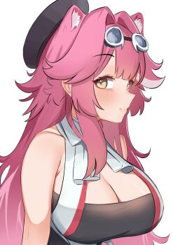 Rule 34 | 1girl, absurdres, beret, black tube top, breasts, cleavage, closed mouth, goggles, goggles on head, hat, highres, hololive, hololive english, large breasts, long hair, looking at viewer, panpanmc4, pink hair, raora panthera, raora panthera (1st costume), simple background, solo, strapless, tube top, vest, virtual youtuber, white background, white vest, yellow eyes