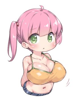 1girl :< ahoge arms_behind_back blush breasts camisole cleavage closed_mouth collarbone commentary_request green_eyes hair_bobbles hair_ornament highres large_breasts looking_at_viewer midriff navel oppai_loli orange_camisole original pink_hair short_hair simple_background solo tamase_tama twintails upper_body white_background