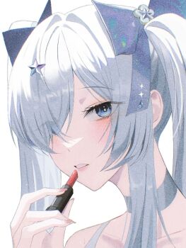 1girl blue_eyes blush cinderella_(glass_princess)_(nikke) cinderella_(nikke) goddess_of_victory:_nikke hair_over_one_eye lipstick makeup solo twintails user_swdj4343 white_background white_hair