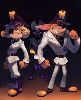 1girl 2020 2boys absurdres animal_ears animal_nose arms_behind_back artist_name beard belt black_boots black_hair black_necktie black_pants blonde_hair boots clenched_hands coco_bandicoot colored_inner_hair colored_skin commentary crash_bandicoot crash_bandicoot_(series) crash_bandicoot_4:_it's_about_time elinapires_(lewalrus) english_commentary evil_smile eyepatch facial_hair facial_mark forehead_mark full_body furry furry_female furry_male gloves green_eyes grin hat highres indoors insignia jacket lab_coat lapels long_sleeves looking_at_viewer military_hat military_uniform multicolored_hair multiple_boys necktie neo_cortex official_alternate_costume orange_fur pants peaked_lapels puffy_pants serious shaded_face siblings simple_background smile tight_clothes tight_pants undershirt white_jacket yellow_eyes yellow_gloves yellow_skin