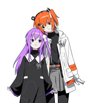 2girls :3 a.i._voice absurdres adachi_rei arms_at_sides black_dress black_shirt blush closed_mouth dress feet_out_of_frame gloves grey_shorts hair_ornament hair_ribbon head_tilt headlamp height_difference highres hood hood_down hooded_jacket jacket long_hair long_sleeves looking_to_the_side multiple_girls one_side_up open_clothes open_jacket orange_eyes orange_hair pantyhose pantyhose_under_shorts purple_eyes purple_hair rh_parasol ribbon shikigami shirt short_hair shorts side-by-side simple_background smile standing tsukumo_shion turtleneck turtleneck_shirt utau white_background white_gloves white_jacket white_ribbon wide_sleeves