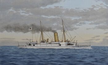 absurdres acrylic_paint_(medium) atelier_bono cannon chikushi_(cruiser) commentary_request cruiser evening flag highres imperial_japanese_navy japanese_flag mast military_vehicle morning no_humans ocean original painting_(medium) rising_sun_flag ship ship_turret sky smoke smoke_trail smokestack sunburst traditional_media vehicle_focus warship watercraft