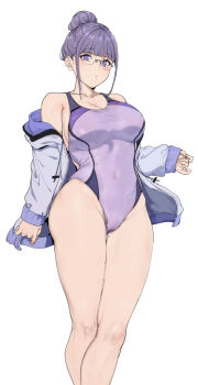 1girl alp breasts glasses hair_bun highleg highleg_one-piece_swimsuit highres jacket large_breasts long_hair looking_at_viewer miyoshi_(alp) off_shoulder one-piece_swimsuit open_clothes open_jacket original purple_eyes purple_hair purple_one-piece_swimsuit sleeves_past_wrists solo swimsuit tagme white_background