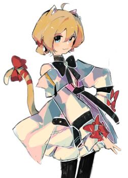 1girl :3 animal_ears belt black_belt black_bow black_bowtie black_pantyhose blue_eyes blush bow bowtie cat_ears cat_girl cat_tail cowboy_shot double-parted_bangs double_bun dress hair_between_eyes hair_bun hair_ornament hand_on_own_hip heart heart_hair_ornament highres inward_v layered_dress long_sleeves looking_at_viewer neuro-sama nostyx_x off-shoulder_dress off_shoulder official_alternate_costume official_alternate_hairstyle orange_hair pantyhose pocket red_bow ribbon simple_background sleeve_bow solo tail tail_bow tail_ornament tail_ribbon turtleneck turtleneck_dress v vedal_ai very_low_bun white_background white_dress zipper_dress