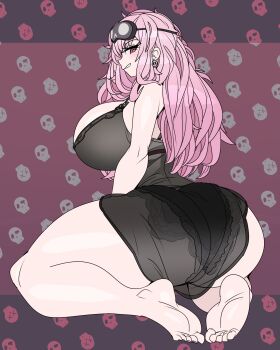 1girl ass ass_focus babydoll barefoot black_babydoll black_background breasts captain_kirb earrings eyelashes female_focus from_behind full_body grin hololive hololive_english huge_ass huge_breasts jewelry kneeling long_hair looking_at_viewer looking_back matching_hair/eyes mori_calliope mori_calliope_(sleepwear) nail_polish naughty_face pink_background pink_eyes pink_hair pink_nails simple_background smile solo toenail_polish toenails toes two-tone_background virtual_youtuber