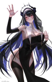absurdres against_glass black_hair blue_hair breast_press breasts breasts_on_glass bug cleavage detached_sleeves earrings fingernails highres hololive hololive_english horns jewelry large_breasts long_fingernails long_hair looking_at_viewer multicolored_hair nerissa_ravencroft nun red_eyes thighhighs vilkichan