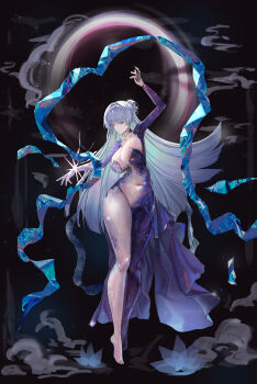 1girl absurdres arm_up armpits black_background black_hole blue_shawl bodysuit bracelet breasts cleavage disgustingtokki flower full_body goddess_of_victory:_nikke hagoromo highres huge_breasts incredibly_absurdres invisible_floor jewelry long_hair lotus multicolored_bodysuit navel nayuta_(nikke) nayuta_(wu_wei)_(nikke) no_shoes official_alternate_costume purple_bodysuit shawl smoke solo spiked_bracelet spikes tiptoes two-tone_bodysuit very_long_hair white_hair