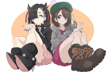 2girls absurdres asymmetrical_bangs bare_legs black_boots black_choker black_hair black_jacket black_nails boots brown_boots brown_eyes brown_hair cardigan choker clip_studio_paint_(medium) closed_mouth collarbone commentary_request dress earrings expressionless full_body gloria_(pokemon) green_eyes green_hat green_socks grey_cardigan grey_sweater hair_ribbon hat highres jacket jewelry long_hair looking_at_viewer marnie_(pokemon) multiple_girls nagato_you nintendo pink_dress pokemon pokemon_swsh purple_dress ribbon short_hair simple_background single_earring sitting smile socks stud_earrings sweater tam_o'_shanter thighs w white_background