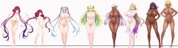 6+girls absurdres ahoge aoi_nagisa_(metalder) barefoot blonde_hair blue_eyes blush breasts censored chart completely_nude dark-skinned_female dark_elf dark_skin delva_celebrian elda_ballad elf evelyn_celebrian full_body green_eyes grin hair_ornament hair_ribbon harem height_chart height_difference highres huge_breasts knoll_(youkoso!) large_breasts long_hair long_pointy_ears looking_at_viewer lucie_menelumia misery_stentrem mosaic_censoring multiple_girls nipples nude phyllis_hagerhelm pink_eyes pink_hair pointy_ears purple_eyes purple_hair ribbon shiny_skin short_hair siblings silver_hair sisters small_breasts smile standing tagme toes very_long_hair yellow_eyes youkoso!_sukebe_elf_no_mori_e