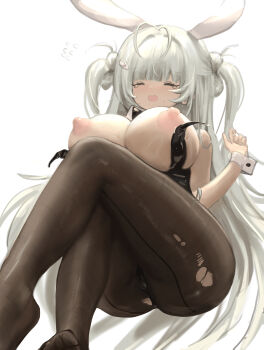 1girl absurdres animal_ears antenna_hair bare_arms bare_shoulders black_leotard blunt_bangs breasts brown_pantyhose chinese_commentary closed_eyes closed_mouth commentary_request crossed_legs fake_animal_ears feet_out_of_frame flying_sweatdrops from_below goddess_of_victory:_nikke green_hair hair_ornament hairclip hand_up highres huge_breasts invisible_chair leotard long_hair mole mole_on_breast nipples no_shoes official_alternate_costume open_mouth pantyhose playboy_bunny puffy_nipples rabbit_ears rrina_rina simple_background sitting soda_(nikke) soda_(twinkling_bunny)_(nikke) solo strapless strapless_leotard sweat tearing_up thighs torn_clothes torn_pantyhose two_side_up undersized_breast_cup variant_set very_long_hair white_background wrist_cuffs