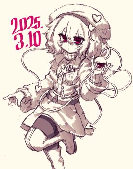 Rule 34 | 1girl, alternate costume, belt, boots, closed mouth, commentary, dated, eyeball, hair ornament, hairband, hat, heart, heart-shaped pupils, heart hair ornament, highres, jacket, komeiji satori, korean commentary, leg up, long sleeves, looking at viewer, medium hair, monochrome, rampa93, red eyes, simple background, skirt, solo, spot color, sweater, symbol-shaped pupils, thigh boots, thighhighs, third eye, touhou, yellow theme