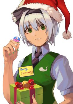:3 black_necktie christmas_present closed_eyes collared_shirt gift green_eyes green_nails green_vest hairband hat highres holding holding_gift konpaku_youmu looking_at_viewer merry_christmas mob_cap nail_polish necktie onionmay parted_lips saigyouji_yuyuko santa_hat shirt short_hair short_sleeves smile touhou upper_body vest white_background white_hair white_shirt