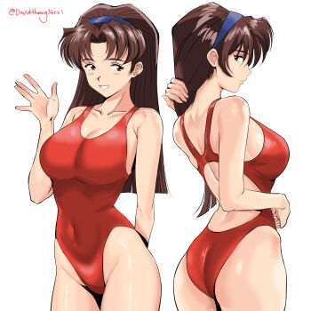 1girl ass back bikini breasts brown_hair collarbone commentary_request competition_swimsuit david_huang golden_boy hairband highres katsuda_naoko long_hair looking_at_viewer medium_breasts multiple_views nape navel one-piece_swimsuit smile solo swimsuit