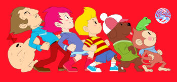 1girl 2boys absurdres animal animal_on_head beard blonde_hair blush_stickers boney bow brown_hair newsboy_cap dog doseisan duster_(mother) facial_hair frog hat highres kumatora leaning_back logo lucas_(mother_3) monkey mother_(series) mother_3 multiple_boys mustache nintendo on_head pink_hair quiff sakkan salsa_(mother) shirt short_hair smile solid_circle_eyes striped_clothes striped_shirt walking