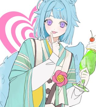 animal_ears blue_hair cherry commentary cup decorative_flower ensemble_stars! finger_to_mouth food fox_ears fox_tail fruit heart highres holding holding_cup japanese_clothes kimono kitsune looking_at_viewer purple_eyes shino_hajime sonoda36 symbol-only_commentary tail tongue tongue_out white_background white_sleeves