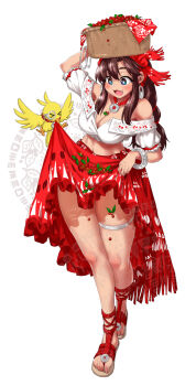 >_< 1girl arm_up artist_name basket_on_head bird blue_eyes blush bracelet braid breasts brown_hair cherry cleavage collarbone crop_top dated earrings fang food fruit gypsy headband highres hoop_earrings jewelry large_breasts mocha_(nekoguchi) navel necklace nekoguchi open_mouth original puffy_short_sleeves puffy_sleeves red_headband red_skirt sandals shirt short_sleeves signature skindentation skirt skirt_hold smile solo stomach thick_thighs thighs twitter_username white_background white_shirt
