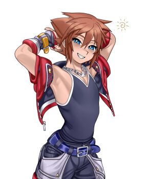 1boy armpits arms_behind_back bare_shoulders belt black_tank_top blue_eyes brown_hair chuchubreeze cowboy_shot fangs fingerless_gloves gloves hair_between_eyes jacket jewelry kingdom_hearts looking_at_viewer male_focus necklace open_clothes open_jacket red_jacket short_hair shorts sidelocks smile solo sora_(kingdom_hearts) spiked_hair tank_top teeth toned toned_male