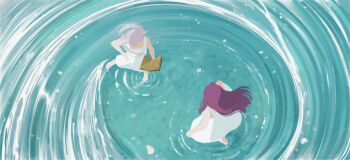 Rule 34 | 2girls, bare arms, bare shoulders, barefoot, book, commentary, dress, elf, fern (sousou no frieren), frieren, from above, hanr10, highres, holding, holding book, long hair, long pointy ears, multiple girls, open book, petals, petals on liquid, pointy ears, purple hair, ripples, sleeveless, sleeveless dress, sousou no frieren, wading, white dress, white hair