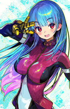 1girl blue_hair blush bodysuit breasts commentary_request gloves gradient_hair highres kula_diamond large_breasts long_hair looking_at_viewer multicolored_hair onono_imoko open_mouth pink_hair red_eyes solo the_king_of_fighters yellow_gloves
