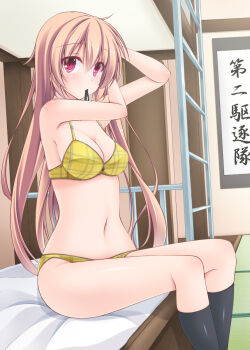 10s 1girl adjusting_clothes adjusting_headwear bed blush bra breasts bunk_bed female_focus hair_down hat highres kantai_collection ladder looking_at_viewer mouth_hold murasame_(kancolle) panties pink_eyes plaid_bra plaid_clothes plaid_panties sitting socks solo underwear underwear_only wata_(akawata) yellow_bra yellow_panties