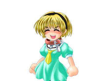 1girl animal_collar black_hairband blonde_hair closed_eyes collar dress eyes_visible_through_hair fang game_cg green_dress hairband higurashi_no_naku_koro_ni houjou_satoko large_variant_set laughing neckerchief no_nose open_mouth pink_eyes puffy_short_sleeves puffy_sleeves ryukishi07 sailor_collar sailor_dress school_uniform short_sleeves variant_set white_sailor_collar yellow_neckerchief