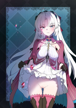 1girl ahoge aqua_eyes black_gloves breasts carlotta_(wuthering_waves) censored clothes_lift commentary_request cover_image dress dress_lift earrings gloves grey_hair groin jacket jewelry lifting_own_clothes long_hair looking_at_viewer medium_breasts mosaic_censoring parted_lips pink_jacket pink_thighhighs pussy smile solo thighhighs thighs unloli white_dress wuthering_waves