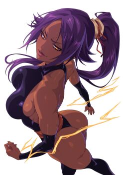 1girl bare_shoulders black_leotard black_sleeves black_thighhighs bleach breasts cam_the_art_guy commentary dark-skinned_female dark_skin detached_sleeves electricity english_commentary highleg highleg_leotard highres large_breasts leotard long_hair looking_at_viewer parted_bangs parted_lips ponytail purple_hair shihouin_yoruichi sideboob simple_background smile solo thighhighs thighs toned toned_female white_background yellow_eyes