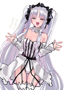 1girl absurdres alternate_hairstyle black_bow blush bow braid breasts collar commentary_request cowboy_shot detached_sleeves dress fate/strange_fake fate_(series) francesca_prelati_(fate) frilled_collar frills garter_straps grey_hair hair_bow highres long_hair looking_at_viewer medium_breasts niwaikanai open_mouth ringed_eyes smile solo striped_clothes striped_dress twintails vertical-striped_clothes vertical-striped_dress very_long_hair white_background white_dress