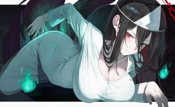 1girl absurdres alternate_costume black_wings blue_archive border breasts cleavage closed_mouth commentary_request feathered_wings ghost_costume hair_between_eyes halo hasumi_(blue_archive) highres large_breasts letterboxed long_hair long_hair_between_eyes long_sleeves looking_at_viewer low_wings may.l outside_border red_halo solo triangular_headpiece very_long_hair white_border wings