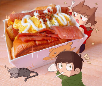Rule 34 | 2boys, :o, antenna hair, bacon, brown hair, cat, chibi, chibi only, commentary, drawstring, edd (eddsworld), eddsworld, egg drop sandwich, english commentary, fang, flipped hair, food, food focus, fork, green eyes, green hoodie, grey cat, hair behind ear, hair ears, highres, holding, holding fork, holding plate, hood, hood down, hoodie, jitome, long sleeves, looking at food, looking at viewer, male focus, mini person, miniboy, mixed media, mouth hold, multiple boys, notice lines, open mouth, pants, perlite 404, photo (medium), photo background, plate, red hoodie, ringo (eddsworld), sandwich, short hair, sleeping, smile, sparkle, swept bangs, tabby cat, tord (eddsworld), zzz