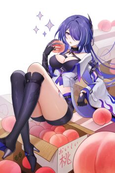 1girl absurdres acheron_(honkai:_star_rail) asymmetrical_footwear black_choker black_gloves black_shorts boots box breasts cardboard_box chain choker cleavage coat coattails detached_sleeves food fruit gloves hair_over_one_eye hand_up highres holding holding_food holding_fruit honkai:_star_rail honkai_(series) knees_up leg_tattoo long_hair midriff multicolored_hair navel on_box peach purple_eyes purple_hair scabbard sheath sheathed short_shorts shorts single_bare_shoulder sinonomemikann sitting sitting_on_box sitting_on_object solo sparkle stomach streaked_hair sword tattoo thigh_boots weapon white_coat