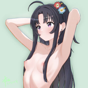 1girl ahoge armpits arms_up awa_subaru black_hair breasts chromatic_aberration closed_mouth collarbone commentary_request completely_nude flower girls_band_cry gohannanaki green_background hair_flower hair_ornament hair_over_breasts highres long_hair nipples nude one_side_up parted_bangs purple_eyes simple_background small_breasts solo tying_hair upper_body