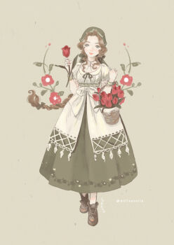 1girl aerith_gainsborough apron bangle basket boots bracelet breasts brown_boots brown_hair choker closed_mouth dolleetoile dress final_fantasy final_fantasy_tactics final_fantasy_vii flower flower_basket full_body green_dress green_eyes grey_background headscarf holding holding_basket holding_flower jewelry light_blush long_dress long_hair medium_breasts official_alternate_costume parted_bangs pink_lips puffy_short_sleeves puffy_sleeves red_flower red_tulip ribbon_choker short_sleeves sidelocks solo tulip twitter_username wavy_hair white_apron