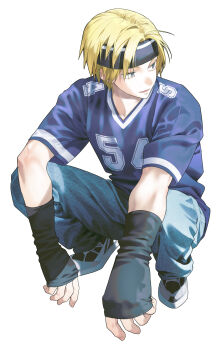 1boy absurdres baseball_jersey denim headband highres jeans jersey k_senior1114 looking_to_the_side male_focus pants parted_lips sakamoto_days shin_(sakamoto_days) shoes short_sleeves solo squatting