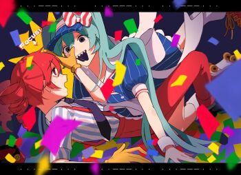 2girls aqua_hair arm_behind_back arrow_(symbol) black_border black_eyes black_footwear black_mouth black_necktie black_tongue blocking blue_background blue_dress blue_hat blurry blurry_foreground border bow breasts commentary confetti crazy crying crying_with_eyes_open depth_of_field diagonal-striped_bow dress drill_hair empty_eyes english_text eye_contact falling frilled_dress frills gloves hair_between_eyes hand_on_another&#039;s_face hat hat_bow hatsune_miku highres kasane_teto konoha_hakawaii letterboxed long_hair looking_at_another lunging mesmerizer_(vocaloid) morse_code multiple_girls necktie open_mouth outside_border person_between_thighs pinstripe_dress pinstripe_hat pinstripe_pattern puffy_short_sleeves puffy_sleeves raised_eyebrows red_bow red_eyes red_footwear red_hat red_suspenders ringed_eyes roller_skates sharp_teeth shirt shoes short_sleeves skates small_breasts socks striped_bow striped_clothes striped_dress striped_shirt sweatdrop tackle tearing_up tears teeth tongue tongue_out twin_drills twintails unworn_hat unworn_headwear utau vertical-striped_clothes vertical-striped_dress vertical-striped_shirt very_long_hair visor_cap vocaloid white_bow white_socks worried yellow_gloves