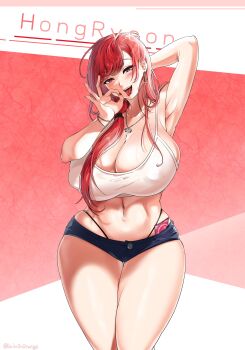 1girl arm_behind_head armpits black_panties blue_shorts bracelet breasts camisole character_name cleavage condom condom_wrapper_in_clothes covered_erect_nipples crop_top curvy denim denim_shorts earrings fellatio_gesture hair_over_shoulder hair_tie highleg highleg_panties hongryeon_(last_origin) huge_breasts jewelry last_origin long_hair low_ponytail mole mole_under_eye navel necklace open_mouth panties pink_eyes ponytail red_hair red_nails salm0n0range shirt short_shorts shorts skindentation sleeveless sleeveless_shirt smile solo standing thick_thighs thigh_gap thighs tongue tongue_out triangle_earrings twitter_username underwear whale_tail_(clothing) white_camisole white_shirt wide_hips